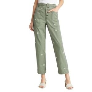 Pistola Boho Straight Leg Pants Daisy Embroidered 27 Sage Green Solei Ankle Crop